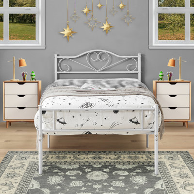 Twin Size Metal Bed Frame with Headboard & Footboard, White Modern Farmhouse Platform Bed with with Decorative Victorian Headboard, Mattress Foundation with Heavy Duty Steel Slats Support, No Box Spring Needed, Underbed Storage