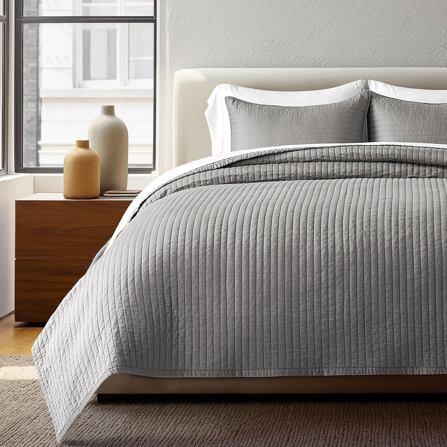 Cotton Sateen Quilt Set, King Quilt + 2 King Shams, Fog Gray