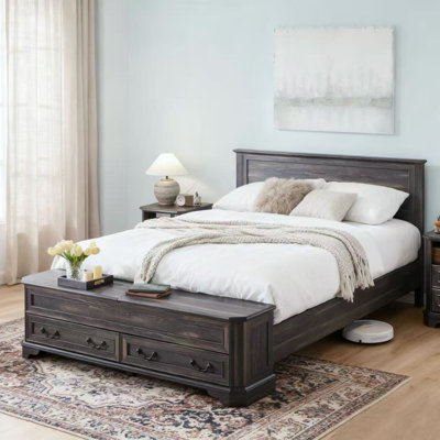 Farmhouse King Bed With Tall Storage Headboard With 4 Drawers And Storage Bench,rustic Wood Platform Bed Frame