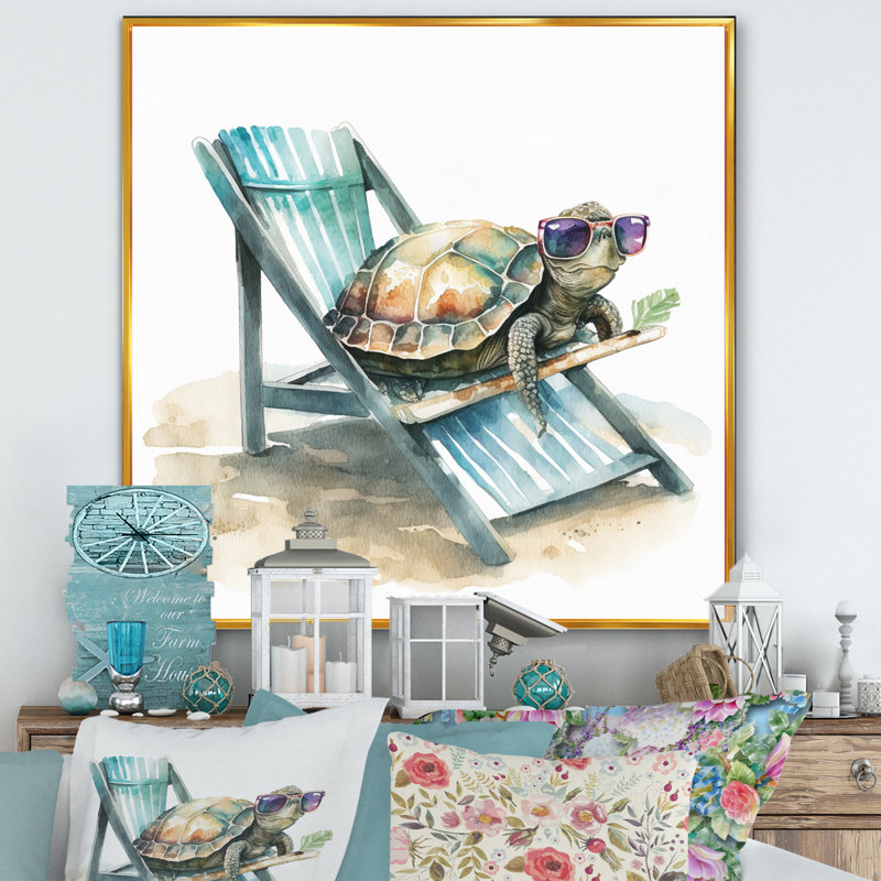 Tortue allongée sur une chaise de plage avec lunettes de soleil II - reproduction sur toile, H 30 po x l 30 po