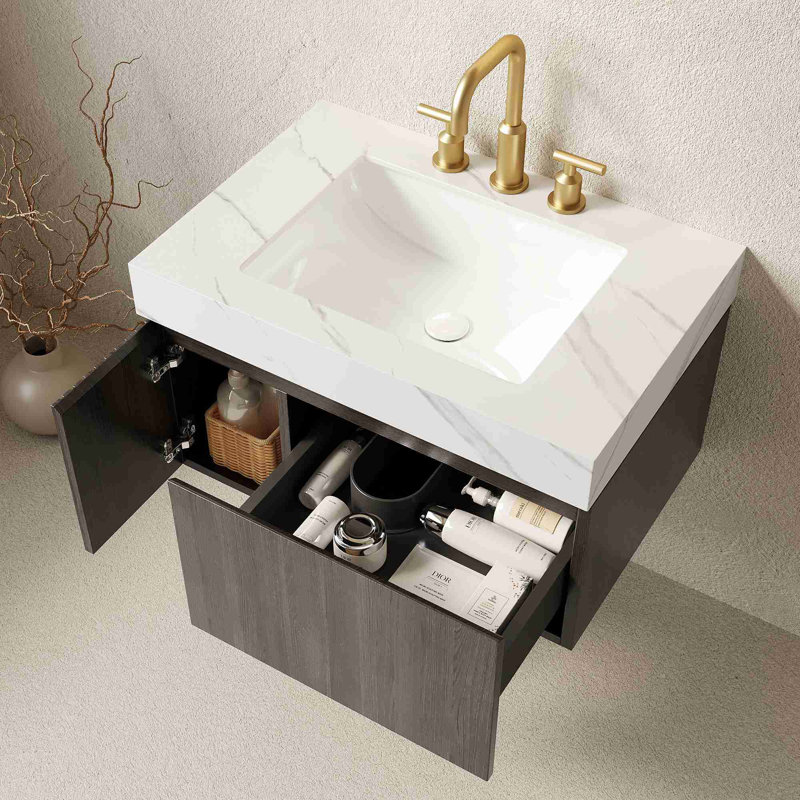 Meuble-lavabo mural, Espresso, 30", Blanc de Carrare