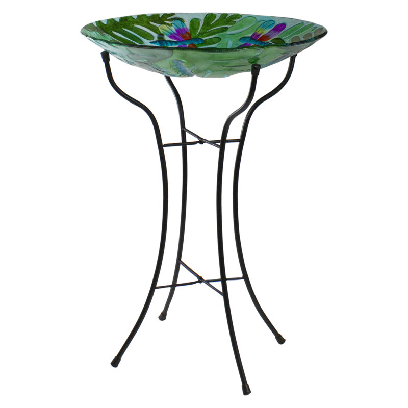 18" Colourful Dragonfly With Green Leaves Hand Painted Glass Outdoor Patio Birdbath