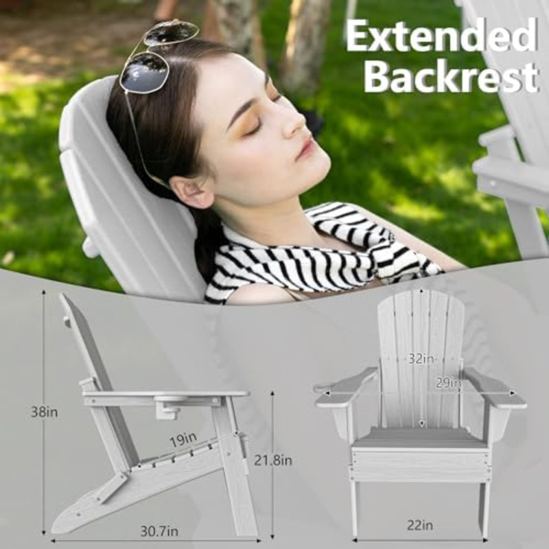 Folding Adirondack Chair, SGS Tested, Wooden Textured with Cup Holder, Heavy All-Weather HDPE Comfortable Set Poolside Backyard Lawn