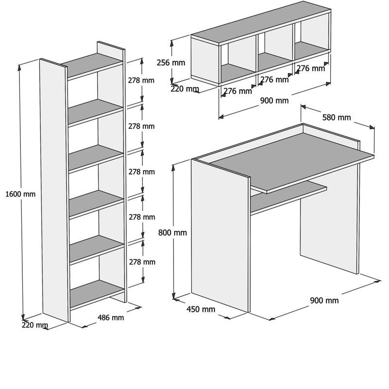 Ensemble de bureau et bibliothèque Modern Study, blanc, 35,4 x 31,5 x 22,8 pouces | 100% panneau de particules enduit de mélamine, épaisseur: 0,7 pouce | Comprend de nombreuses tablettes, une conception murale, parfaite pour les bureaux à domicile et les espaces d'étude