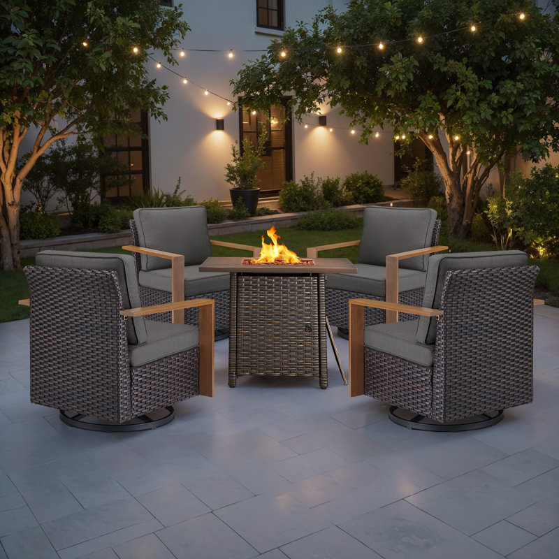Drazen 4 - Person Patio Furniture Set With Fire Pit Table, All-Weather Wicker Outdoor Conversation Set With Chair And Thick Cushions