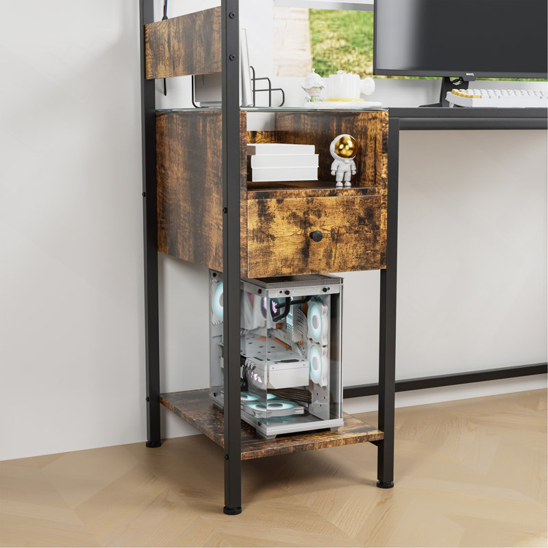 Versatile Computer Desk With Power Outlet, Storage Shelves, USB Ports, And RGB LED Lights For Home Office And Gaming, Brown