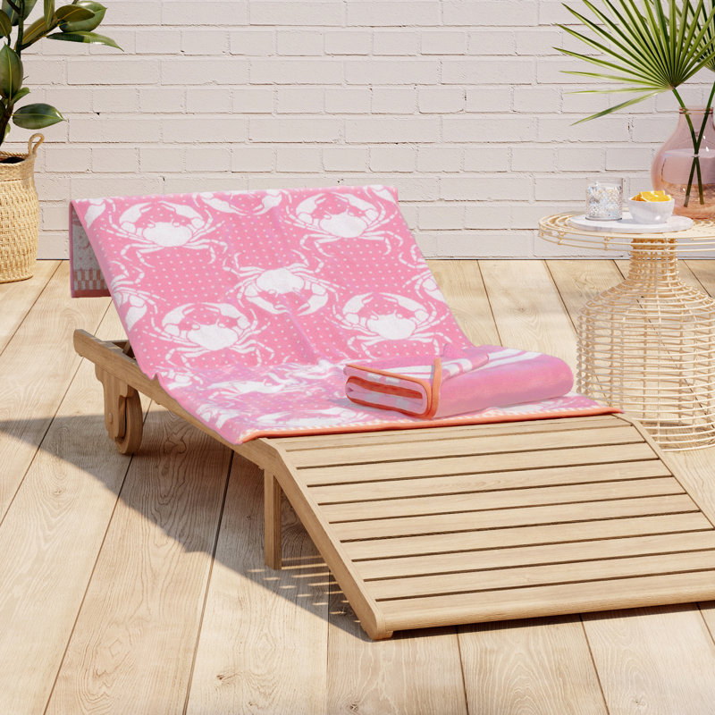 100% Cotton Jacquard Printed 2 Pack Beach Towels, Pink/White Crabs / Stripe