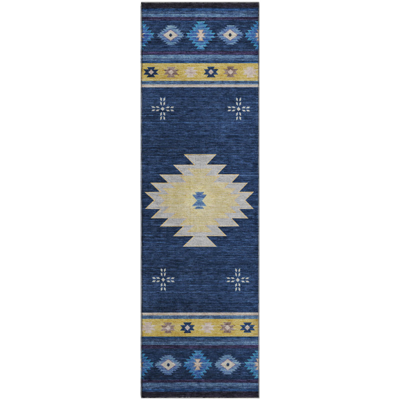 Tapis épice Yamen AMF179 lavable à la machine de qualité supérieure, bleu, Tapis de couloir 2 pi 3 po x 7 pi 6 po