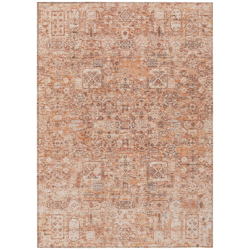 3' X 5' Salmon Orange And Gray Floral Washable Indoor Outdoor Area Rug