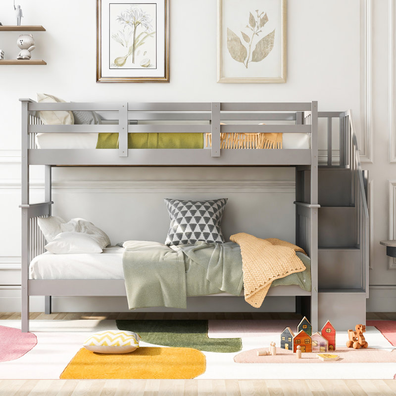 Lit superposé Twintwin avec rangement fonctionnel et stabilité - Escalier gris pour chambre à coucher, Gris