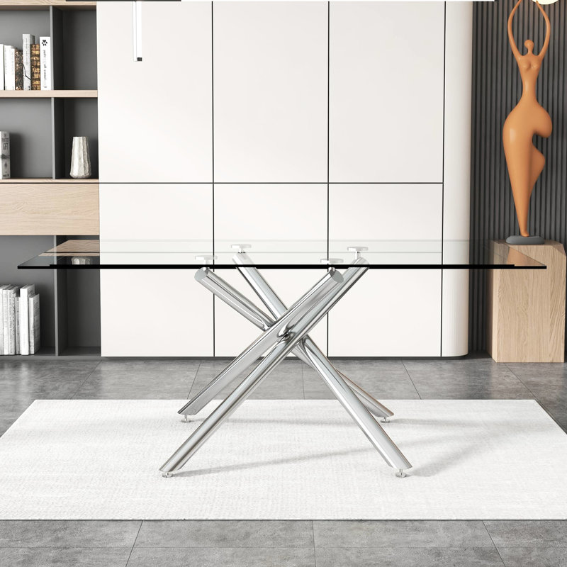 Table moderne en verre minimaliste moderne avec pieds en métal trempé et argent, pour 4 à 6 personnes, pour le grand coin repas de la cuisine