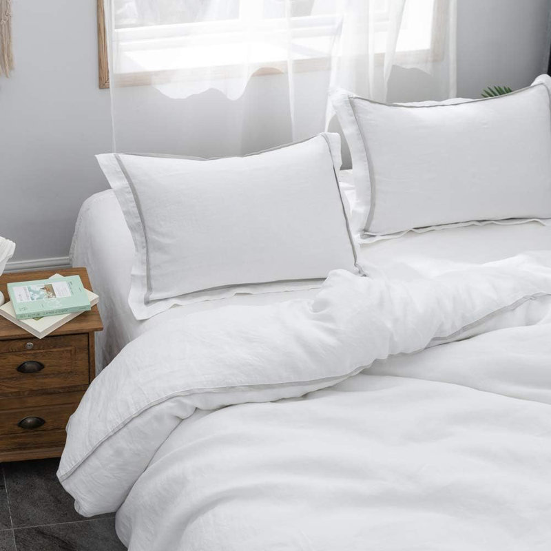 100% Linen Duvet Cover Set Comforter, White, Full Duvet Cover + 2 Standard Pillowcases
