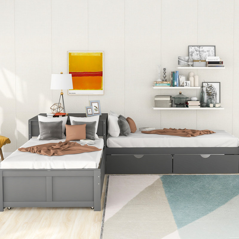 Lit plateforme en L avec lit gigogne, tiroirs, lit simple, gris - Bureau intégré pour une utilisation pratique, Gris