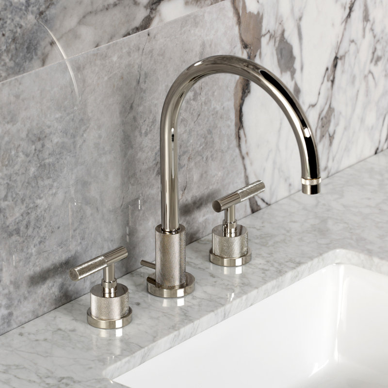 Kingston Brass Convergent Two-Handle 3-Hole Deck Mount Widespread Bathroom Faucet With Knurled Handle And Brass Pop-Up