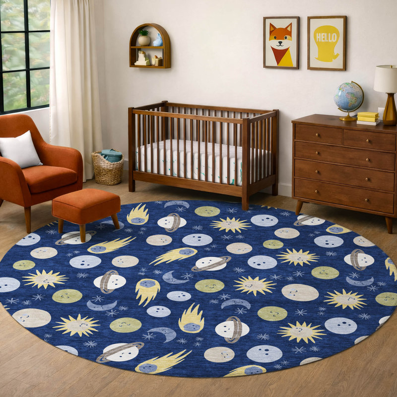 Tapis intérieur / extérieur lavable à la machine pour enfants ACN2581, Marine, Rond 8 pi