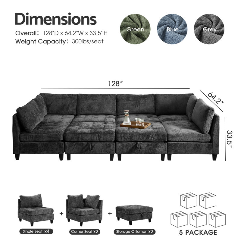 8-Piece Modular Sectional Sofa with Storage Ottoman, Modern Chenille Couch for Living Room, Versatile Configuration, Gray