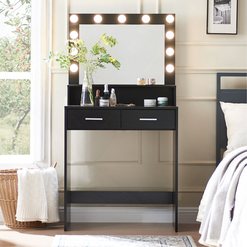 Bureau de coiffeuse avec miroir et lumières, coiffeuse avec grand tiroir, commode de rangement à 2 niveaux et 3 modes d'éclairage à luminosité réglable