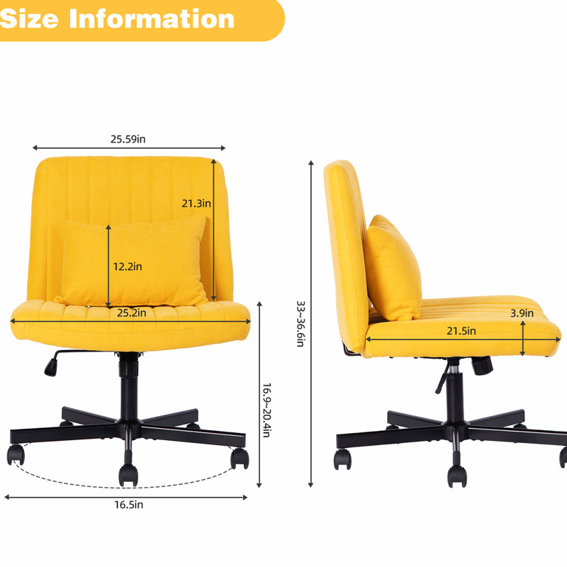 Chaise de bureau sans accoudoirs en lin jaune Cross avec roulettes, idéale pour le bureau à domicile et les espaces de maquillage. Stabilité accrue et rotation à 360° pour un maquillage confortable. Coussin et réglages ajustables.