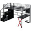 Lit mezzanine en métal noir avec une salle de bricolage intégrée, une armoire et un escalier de rangement