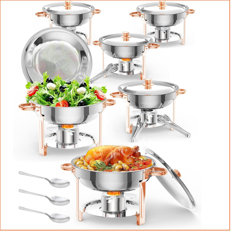 5qt 6 Packs Chafing Dish Buffet Set, Nsf Round Stainless Steel Chafers And Warmers Food Servers Sets With Lid & Lid Holder, Spoon & Tweezer For Catering Events Parties Weddings Dinners