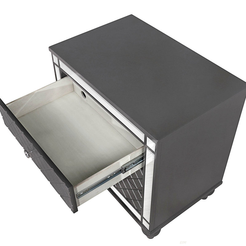 Table de bout de table de chevet 1 tiroir 3 pièces de style contemporain avec placage miroir et pieds fuselés au fini gris