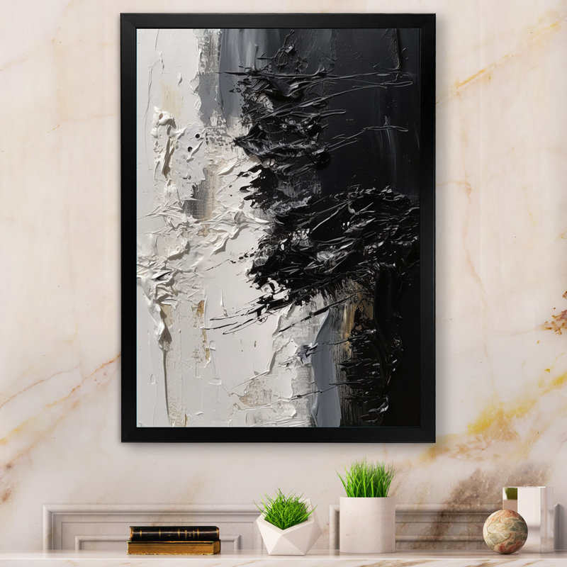 «White and Black Tranquility Unleashed II», reproduction sur toile abstraite encadrée en marbre, Cadre photo noir