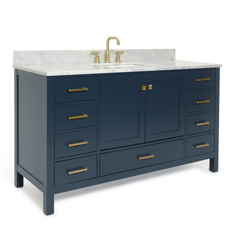 Flynt 61'' Single Bathroom Vanity with Carrara Marble Top, Midnight Blue