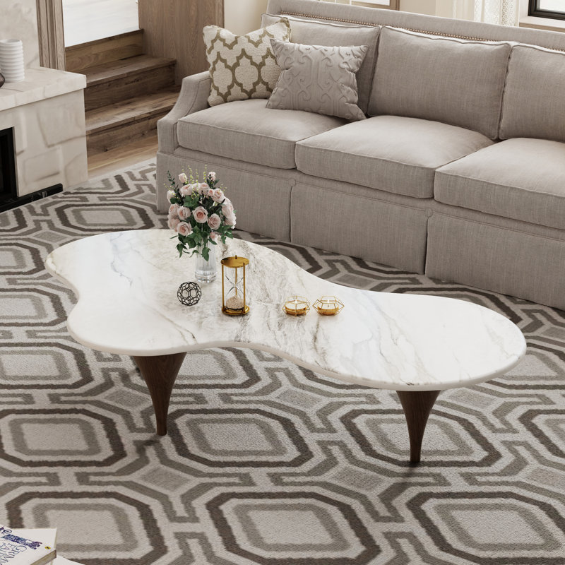 Maesa 54.8" White Faux Marble Top Coffee Table with Brown Wood, 2 Tier Living Room Table for Living Room, Office, Balcony
