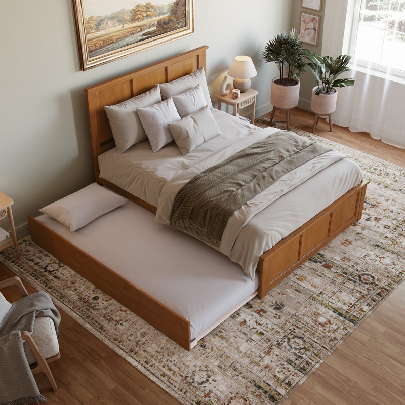 Lit plateforme en bois massif Amison avec pied de lit et gigogne assortis, Grand lit, Caramel clair