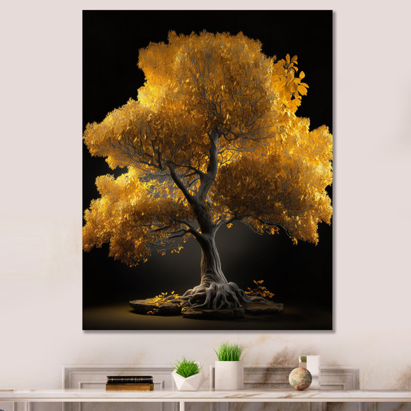 Arbre d'or jaune majestueux sur toile, Toile tendue, H 32 po x l 16 po x P 1 po