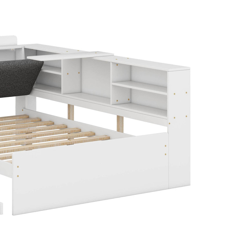 Lit plateforme double avec tablettes, lit gigogne et tête de lit, Blanc