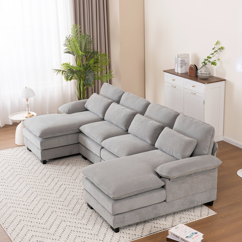 Balendin 111.8'' Soft U-Shape Sectional Couch Upholstered Sofa, Comfy Modular Cloud Couch, Light Gray Cloud Velvet