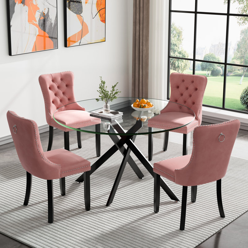 5 Piece Round Glass Dining Table Set for 4, Modern 47.25" Glass Kitchen Table, Tufted Velvet Upholstered Dining Chair, Circle Dining Table and Chairs Set for Dining Room