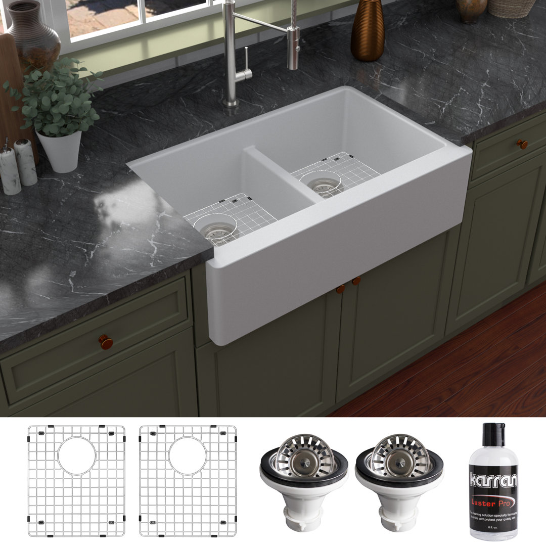 Karran Quartz 34'' X 21-1/4'' 50/50 Double Bowl Farmhouse/Apron Front Kitchen Sink Kit Karran