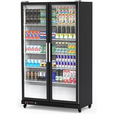 Commercial Glass Door Refrigerator with LED Lighting - 39 Cu.Ft Upright Beverage Cooler with Double Swing Doors, Ideal for Home, Store, Gym, or Office