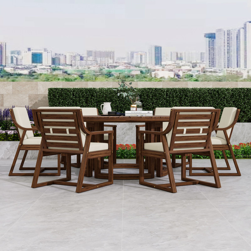 7-Piece Patio Acacia Wood Dining Set for 6, Round Table with Umbrella Hole and 6 Cushioned Chairs, Mocha