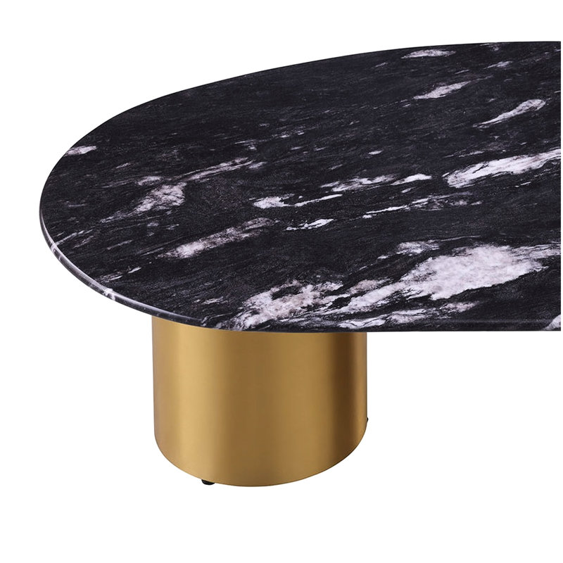 Table basse ovale 1pc avec pieds en pierre frittée, pieds dorés, coins doux, salon noir, gris et or mat