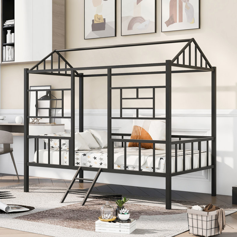 Structure de lit en métal pour lit simple avec support à lattes et conception de cabane dans les arbres créative pour les enfants