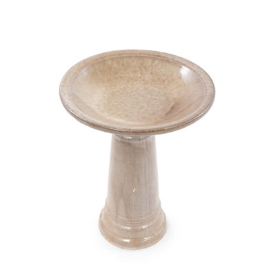 Ceramic Bird Bath for Outdoor Garden, 12.4 Inch Diameter Pedestal Birdbath, Vintage Khaki Glazed Tall Bird Bath Bowl, Backyard Patio Yard Wild Bird Water Feeder Decor