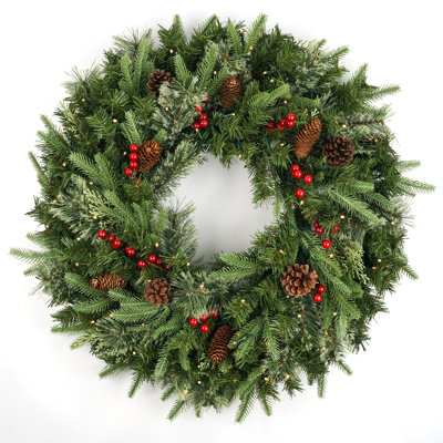 Couronne de Noël artificielle de luxe de 76 cm (30 po) avec 100 lumières DEL, pommes de pin et baies rouges – Décoration classique des Fêtes pour la maison, le foyer et l’entrée