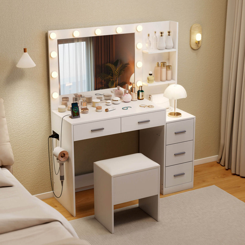 Ensemble de coiffeuse 43,5 "avec tabouret de rangement et prises de courant 2 tablettes ouvertes