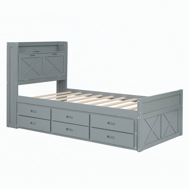 Lit plateforme en bois avec lit gigogne et rangement, Gris, Simple