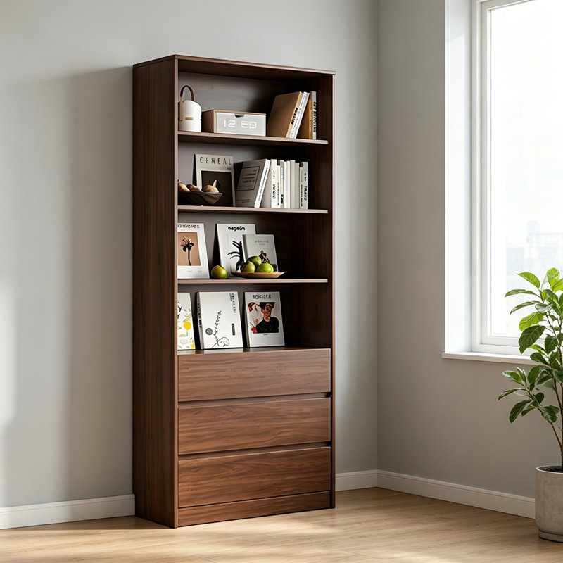 Bibliothèque sur pied en noyer de 78,74 po x l 32,68 po avec 3 tiroirs, tablette ouverte, de présentation et de rangement pour le salon et le bureau