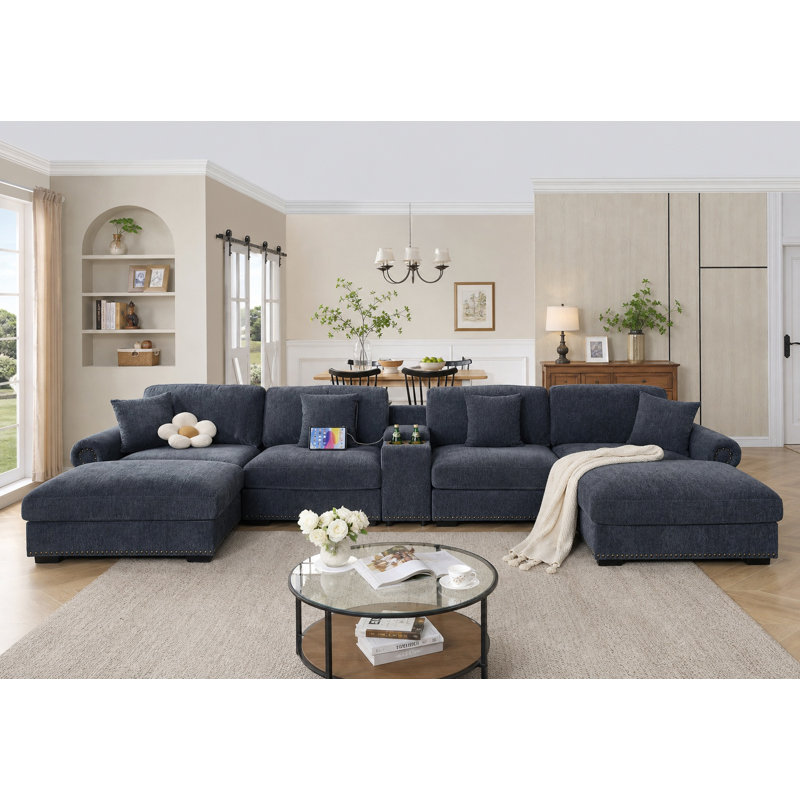 7 - Piece 179.86" U Shape Sectional Sofa Cloud Couch With Removable Ottomans & Cup Holder, USB & Type-C Charging Ports