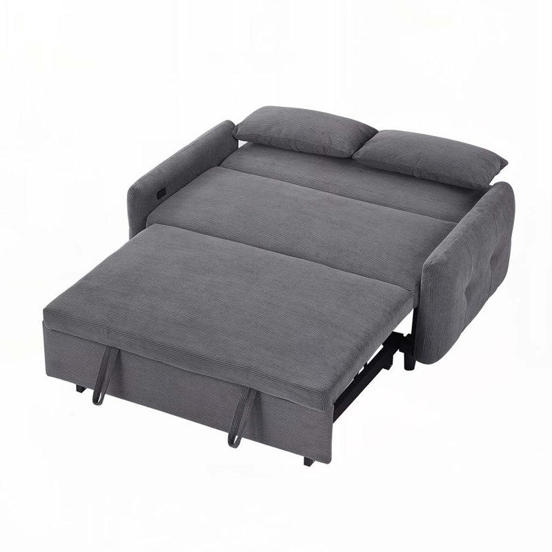 Canapé-lit convertible 2 places 57,48 po avec 2 causeuses et 2 ports USB, Gris foncé