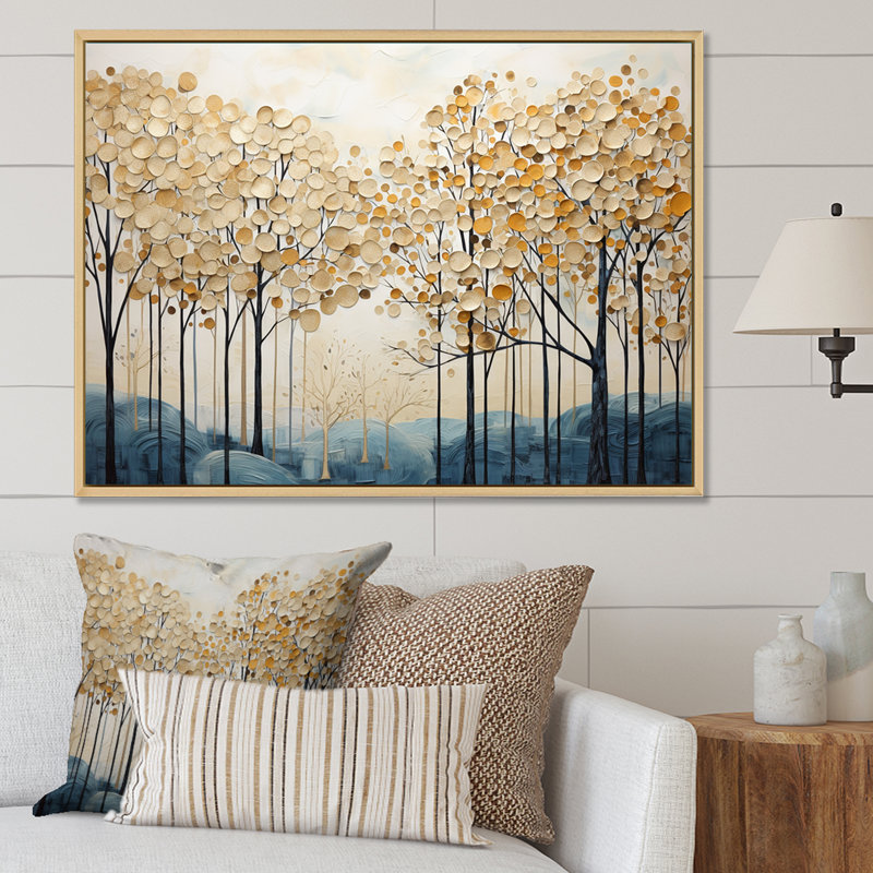 Minimalisme, arbres dorés et bleus scène IV - arbres, art mural, H 34 po x l 44 po x P 1,5 po, Cadre naturel flottant