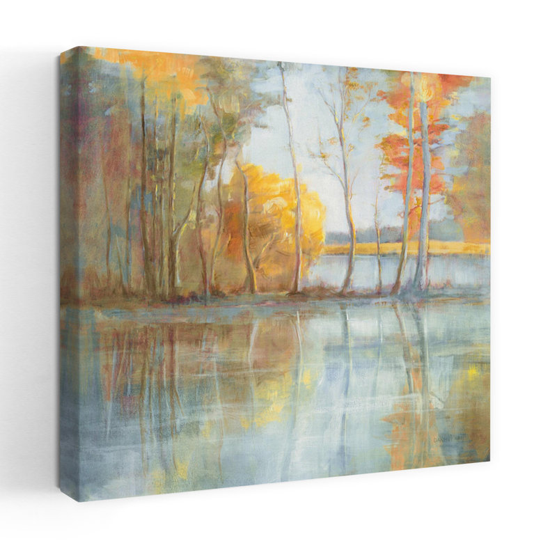 Art contemporain au bord du lac avec art de bouleau d'automne, H 18 po x l 18 po