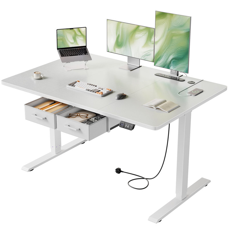 Adjustable Metal Base Standing Desk with Power Outlet, 120cm W x 80cm D, White/White