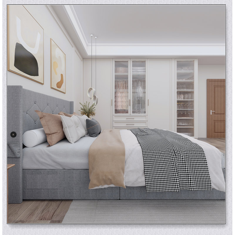 Cadre de lit avec rangement - Lit de rangement relevable avec tête de lit moderne à oreilles, ports USB, Gris clair