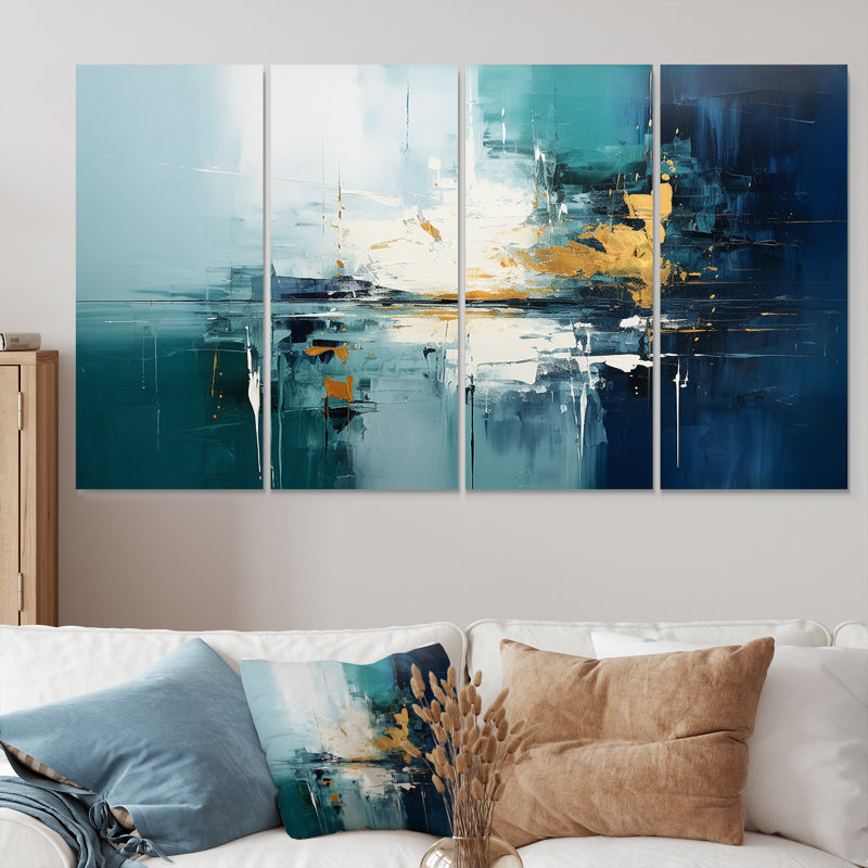 Golden Horizon Indigo Blue Gold - ensemble d'art mural abstrait 4 pièces, H 32 po x l 64 po